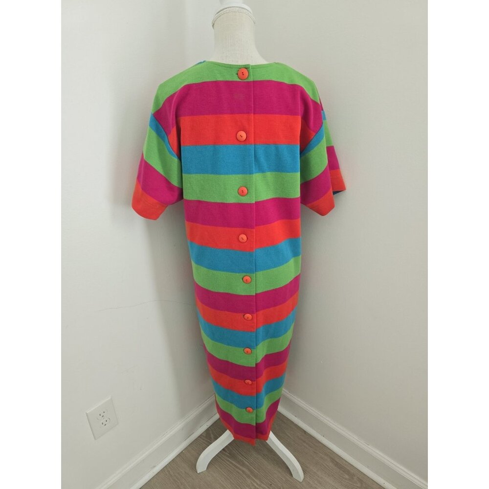 Sharon Young Rainbow Vintage Retro Striped Short Sleeves Maxi Midi Dress L Large - Picture 4 of 13